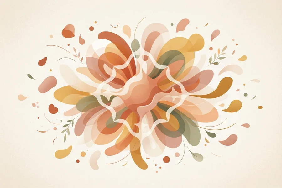 An organic floral burst of overlapping swirl and petal shapes in warm coral, gold, and olive tones.