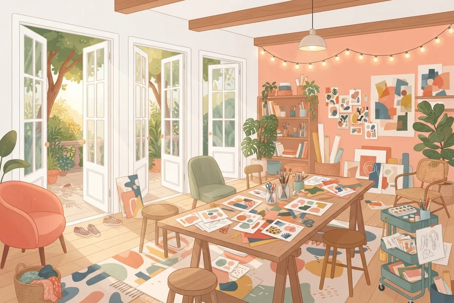Estudio de arte en tonos coral con varias puertas abiertas al jardín y una mesa llena de papeles de colores, pinturas y pinceles.