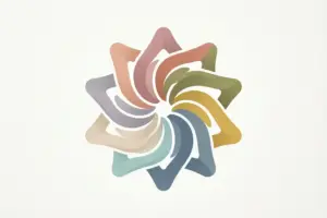 A flat illustration of a nine-pointed pinwheel made of interlocking colored ribbon shapes.