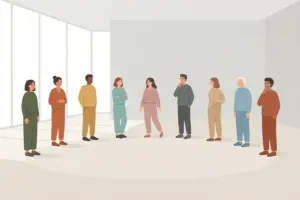 Nine people of different ages standing in a row, each with a distinct posture and expression