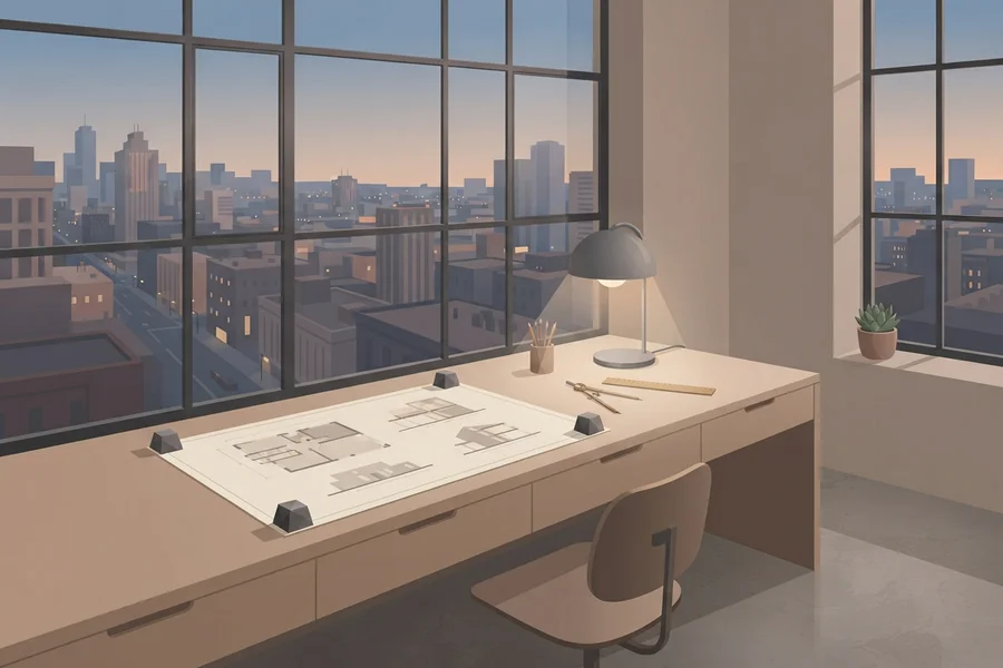 Un despacho en altura al atardecer, con un plano extendido sobre la mesa de dibujo y la ciudad al otro lado del ventanal.