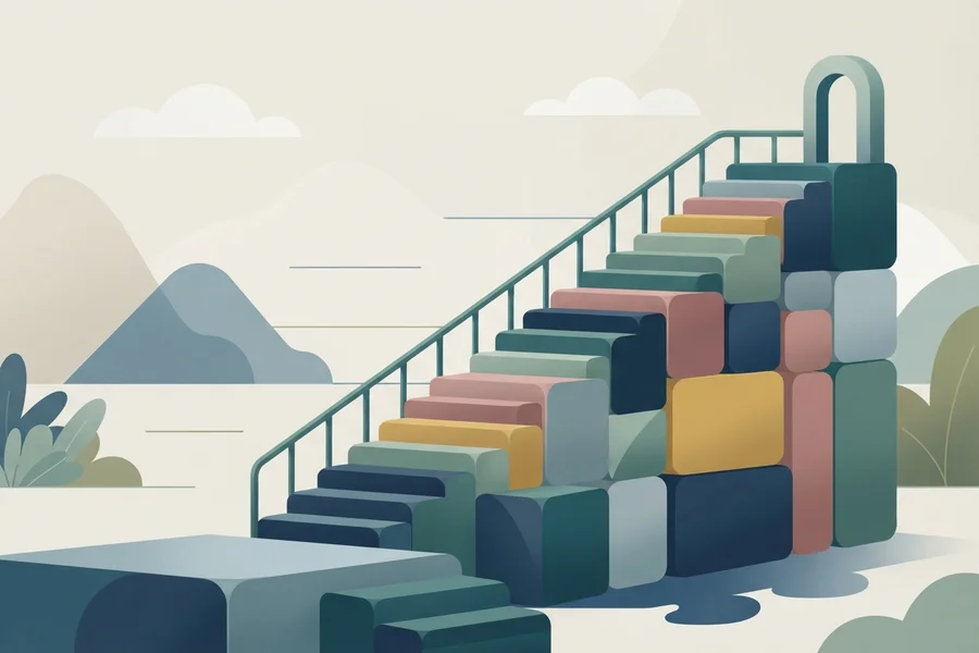Una escalera hecha de bloques de colores que sube hacia un arco, entre colinas.