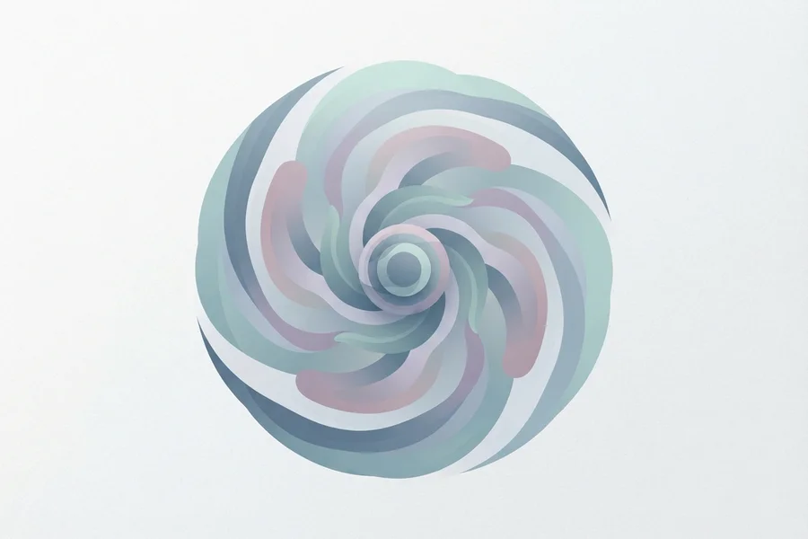 A spiral pinwheel pattern in soft sage, mauve, and grey-blue tones set inside a circle.