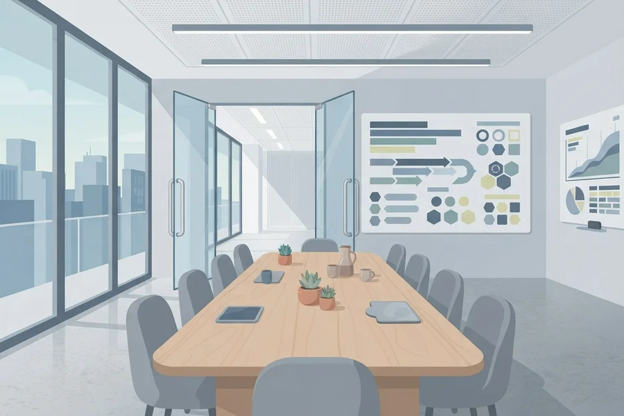 Sala de reuniones gris con una mesa larga rodeada de sillas, puertas de cristal abiertas y pizarras con gráficos en la pared.