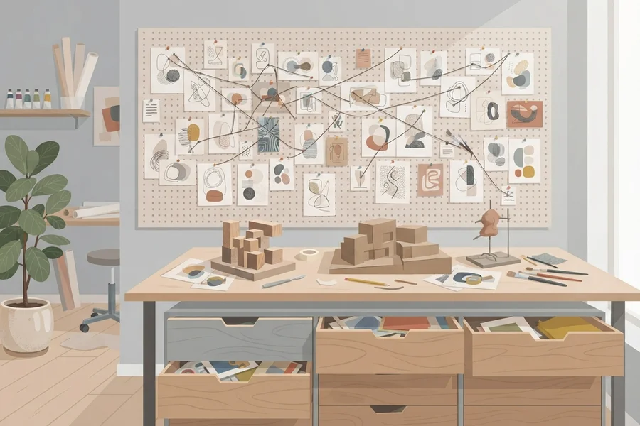 Un tablero cubierto de tarjetas dibujadas y unidas por hilos, y debajo una mesa con maquetas de cartón y bocetos.