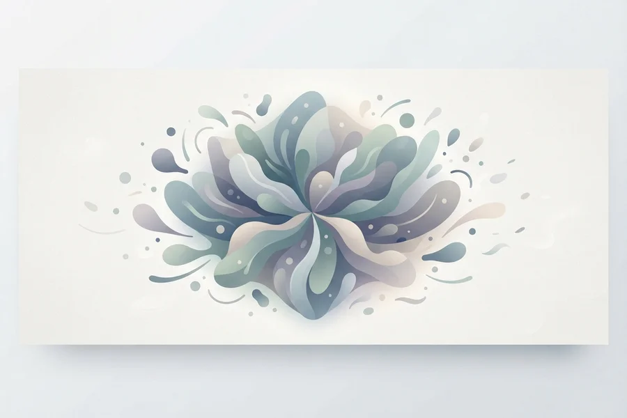 A soft, abstract petal-shaped burst in cool green, grey, and lavender tones.