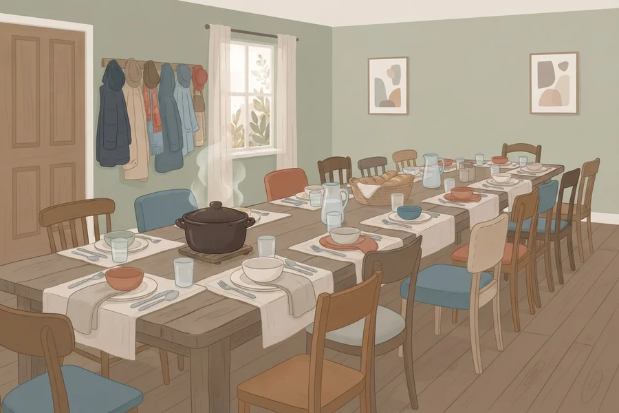 Un comedor con una mesa larga puesta para muchas personas, una olla humeante en el centro y abrigos colgados junto a la puerta.