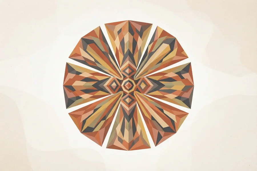 A radiating pinwheel star made of faceted triangular spokes in warm rust, gold, and olive tones.
