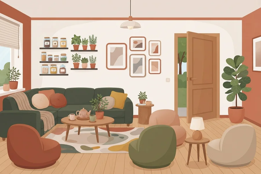 Salón cálido con sofá de esquina, cojines, estanterías con tarros y plantas, y una puerta abierta hacia el jardín.