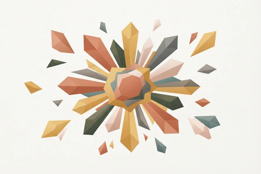 A radiating sunburst of faceted crystal shards in gold, coral, and teal around a round central gem.