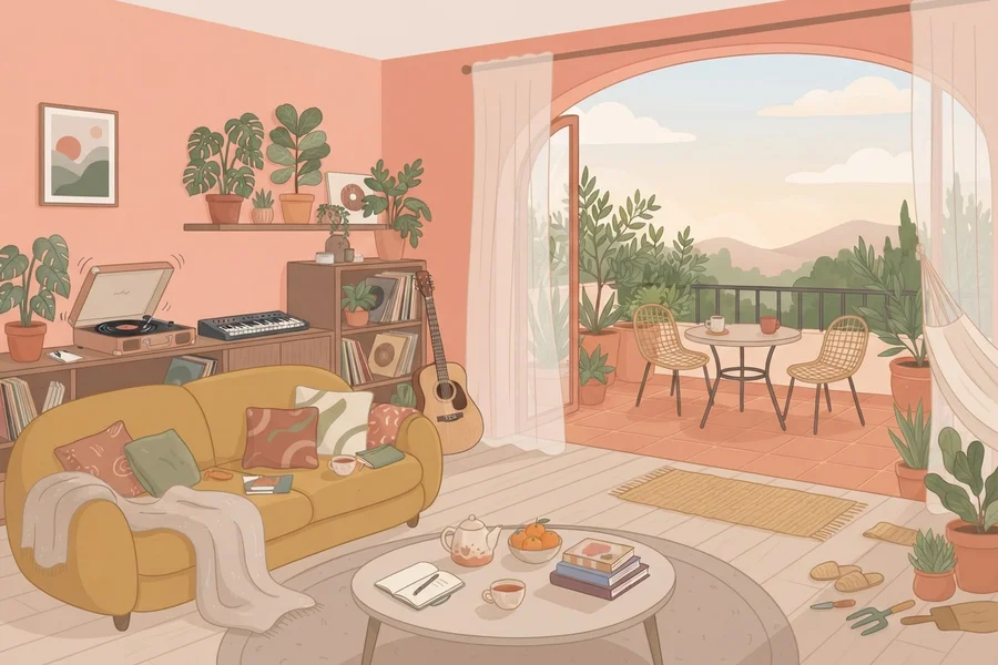 Salón en tonos rosados con sofá, tocadiscos y guitarra, junto a un arco abierto hacia una terraza soleada con vistas a las montañas.