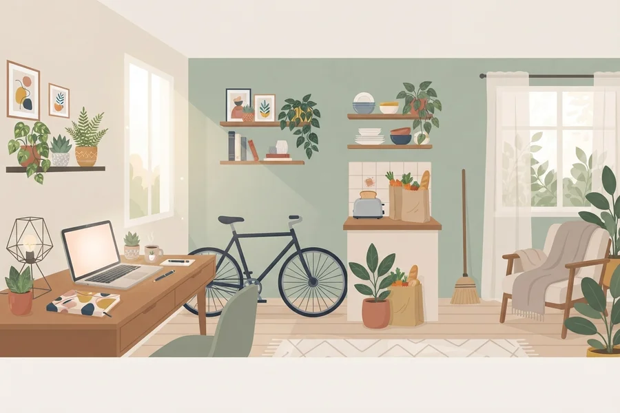 Ilustración de una sala de estar con un escritorio con portátil, una bicicleta apoyada dentro de la habitación, estanterías con fotos y plantas, y una zona de cocina con una bolsa de la compra y utensilios sobre la encimera.