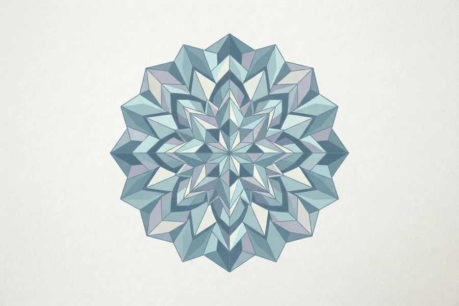 A symmetrical faceted star pattern resembling a snowflake, in cool blue-grey and lavender tones.
