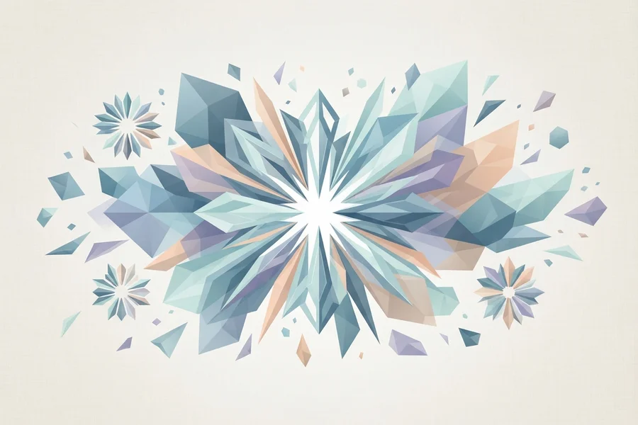 A bursting star-shaped cluster of crystal shards in icy blue, peach, and lavender, with small flower-shaped accents around it.