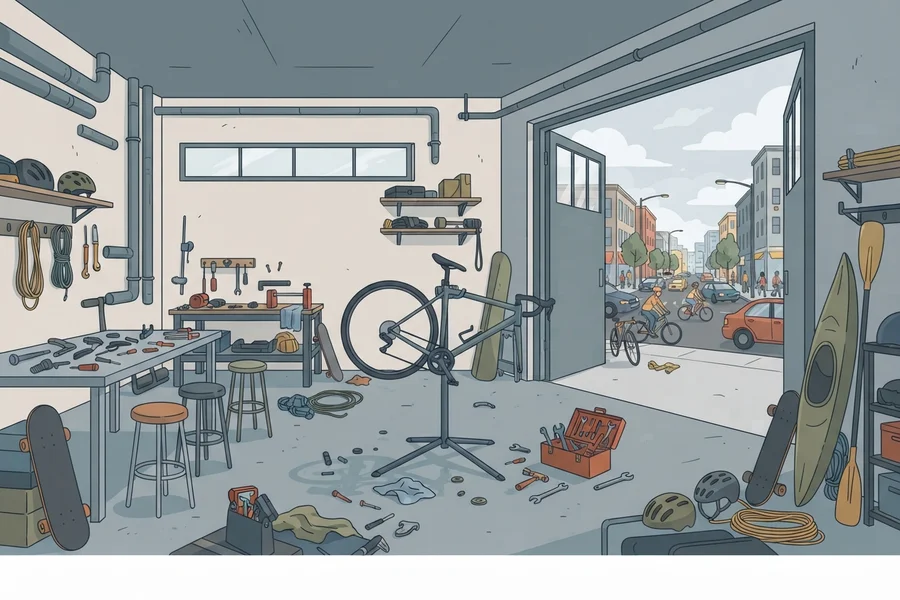 Taller de garaje con una bicicleta en el soporte de reparación y herramientas repartidas, con la puerta abierta a una calle con tráfico y ciclistas.