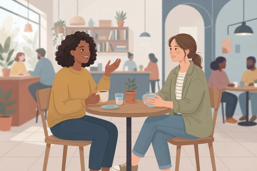 Two women talking and laughing over coffee at a small café table