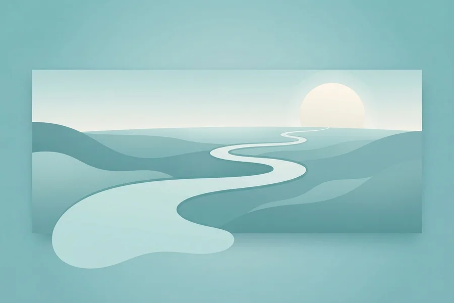 A winding pale path curving through blue-green hills toward a rising sun on the horizon.