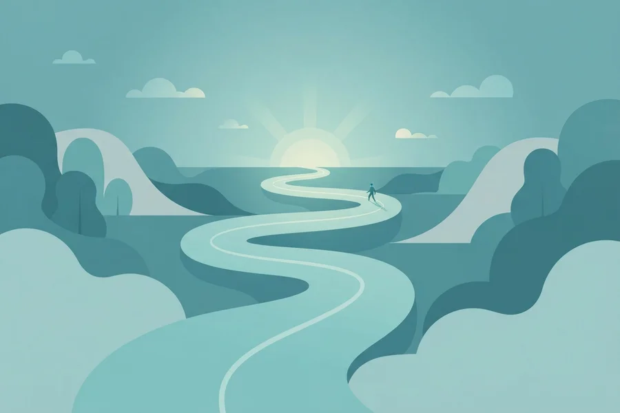 Camino sinuoso que se aleja hacia un horizonte iluminado, con una figura caminando.