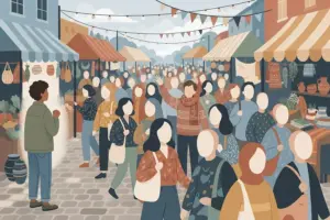 Illustration of a crowded outdoor market street lined with stalls, with one person in the foreground looking toward the crowd.