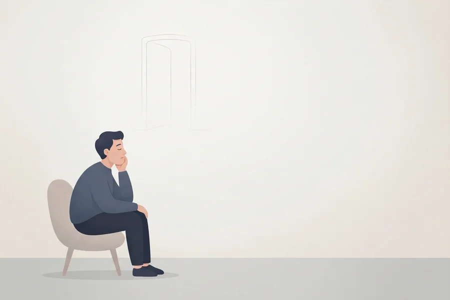 A person sitting with their head resting on their hand, a faint, barely visible outline of a doorway sketched in the empty space nearby.