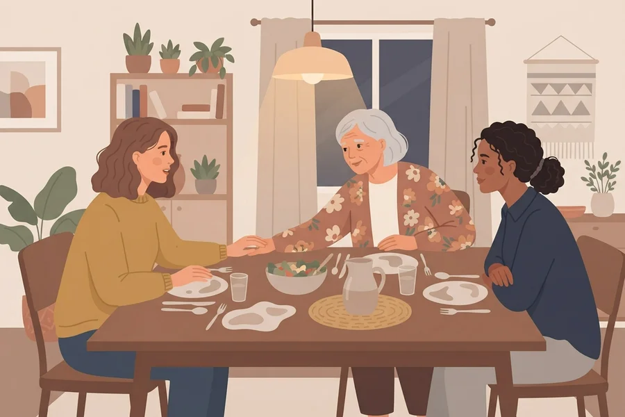 Three women talking together around a set family dinner table
