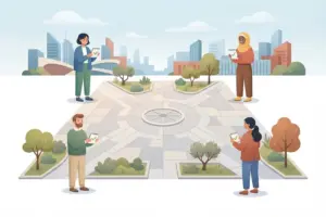 Four people stand at different points around a paved plaza, each holding a small notepad with a checkmark, with a city skyline in the background.