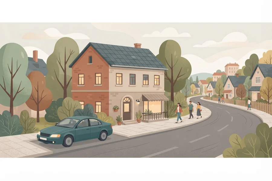 An illustration of a two-story house with a car parked out front, on a street where people are walking by in a residential neighborhood.
