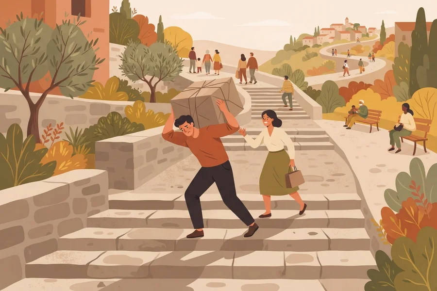 A man carrying a large, heavy bundle up a stone staircase while a woman walks beside him