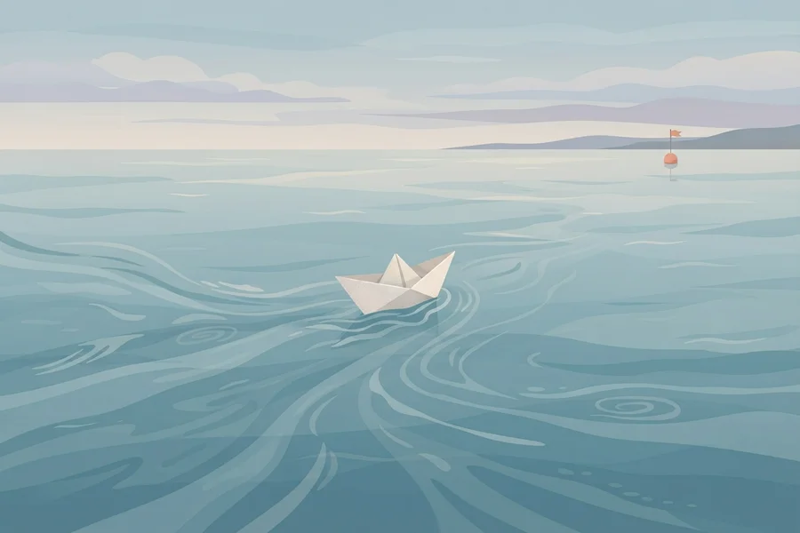 Un barquito de papel en mar abierto, rodeado de remolinos, con una boya muy lejos en el horizonte.