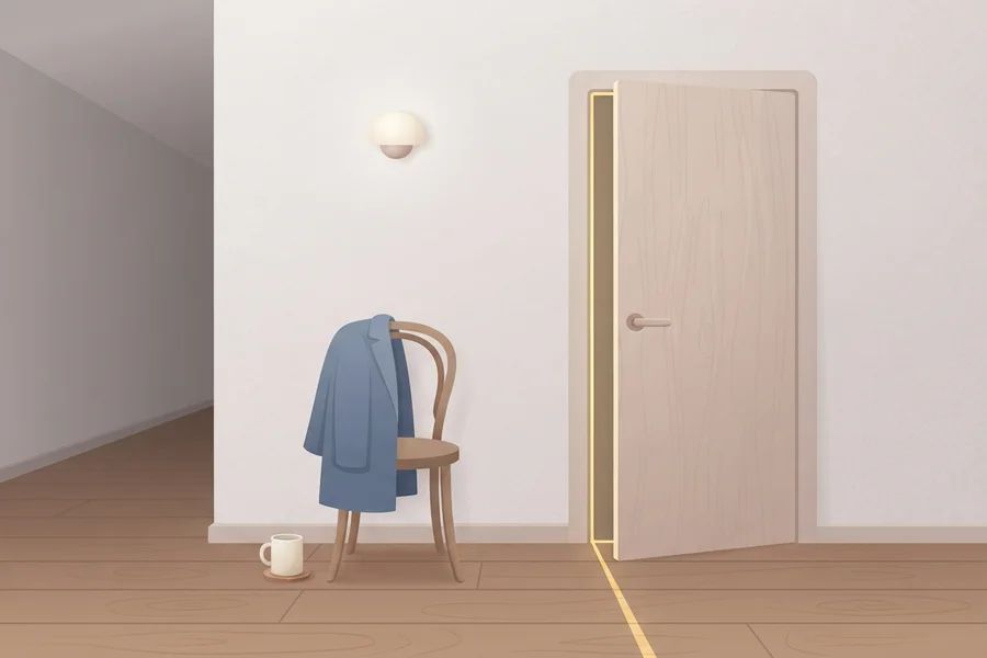 Ilustración de una puerta apenas entreabierta con un abrigo sobre una silla y una taza en el suelo del pasillo, imagen para el resultado de señales frecuentes de ansiedad social.