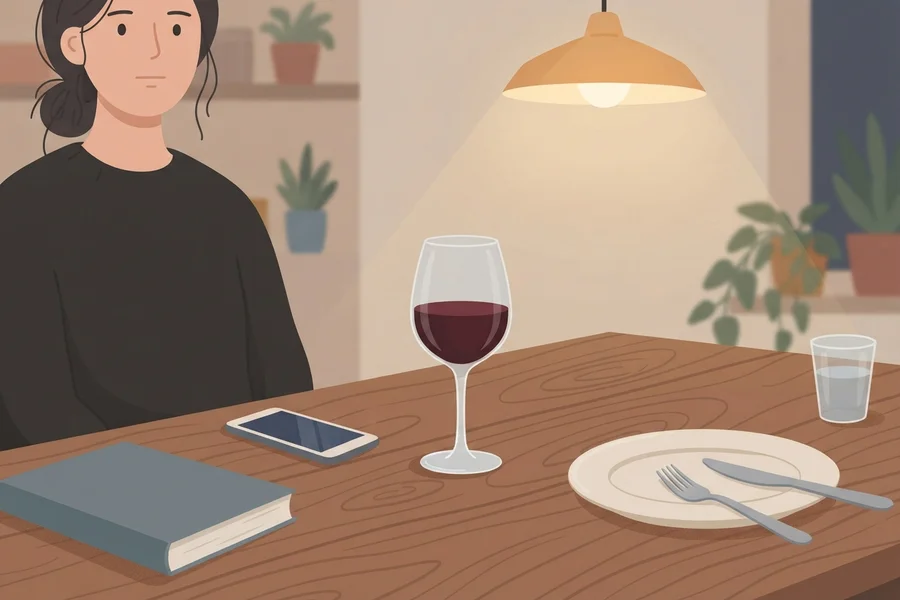 Una mujer sentada sola a la mesa por la noche, con una copa de vino, el móvil y un plato vacío delante.