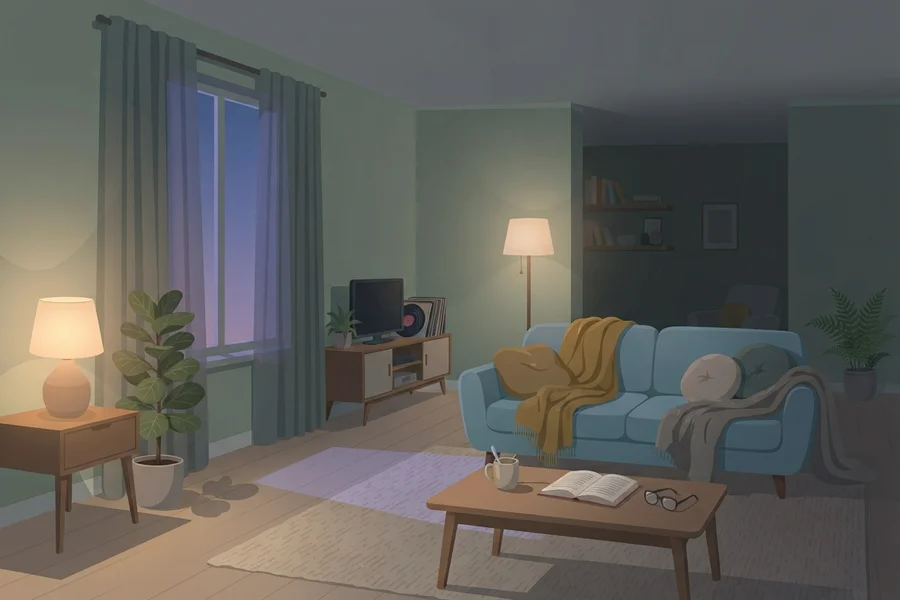 Illustration of a dim living room at night, with a blanket-covered sofa, an open book and glasses on the coffee table, and a lamp casting a small pool of light.