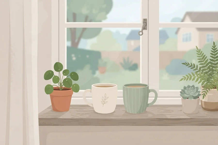 Ilustración de dos tazas humeantes juntas sobre una mesa, en un ambiente tranquilo y cercano.