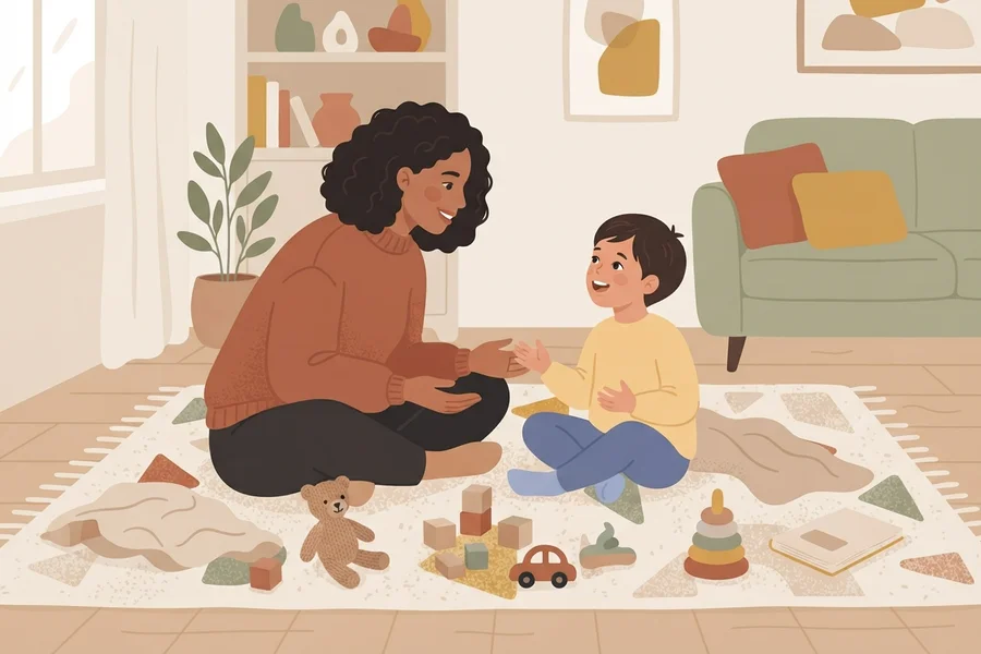 Una madre y su hijo sentados en el suelo, jugando y conversando de cerca.