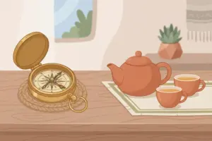A compass and a teapot with two cups set on a wooden table.