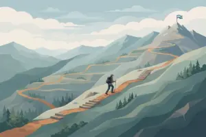 An illustrated hiker climbing a long, winding mountain trail toward a distant peak marked with a flag.