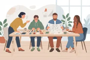 Illustration of four coworkers grouped around a table, each engaged with a different task — talking, building with blocks, reading blueprints, and listening.