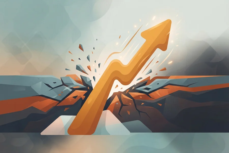 A bold orange arrow breaking upward through cracked, jagged ground.