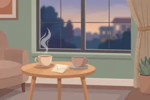 Two cups of tea and an envelope on a small table by a window at dusk.