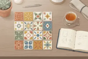 A colorful tiled grid laid out on a wooden desk beside a cup of tea, an open notebook, and a small potted plant.