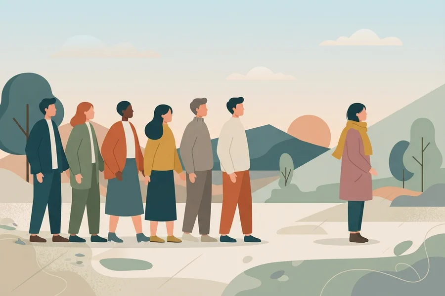 Una mujer se queda de pie aparte de un grupo de personas, mirando hacia un paisaje de montañas.