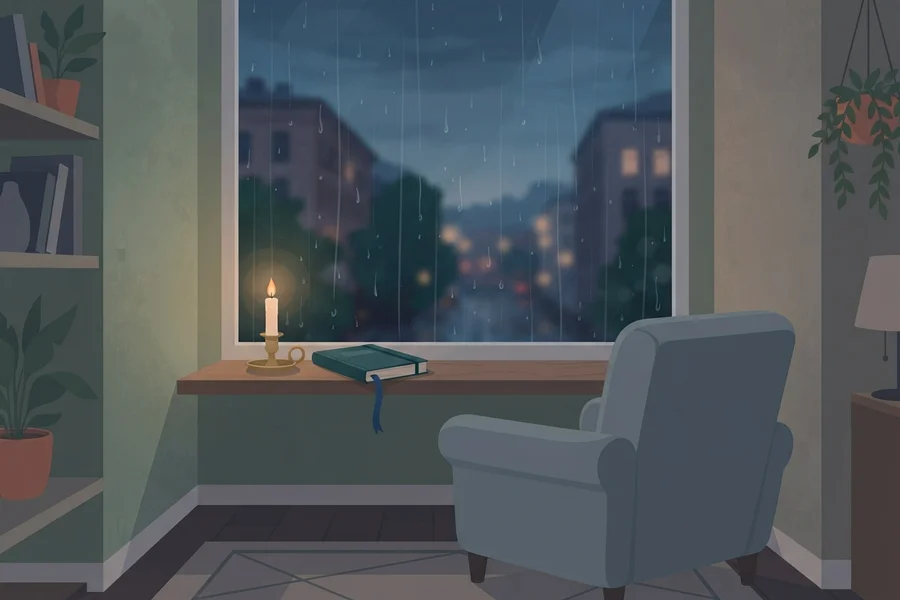 Una ventana con lluvia al anochecer, una vela encendida y un libro con marcador sobre el alféizar, junto a una butaca.