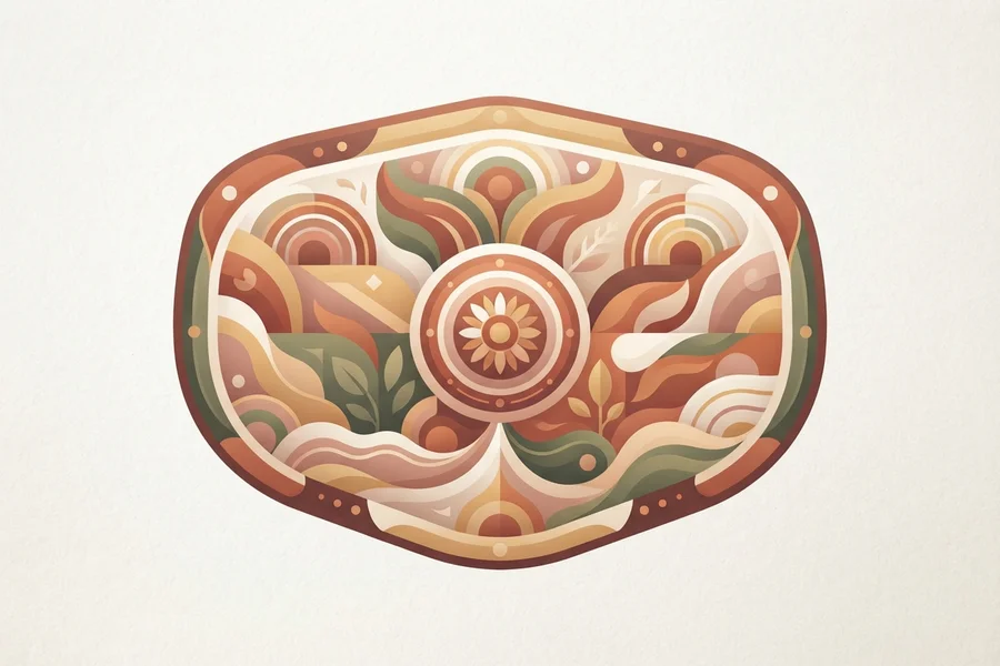 A rounded emblem in warm earthy tones with a sunflower-like center surrounded by layered leaf and wave patterns.