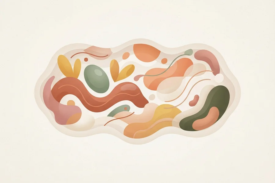 A soft, rounded organic shape filled with overlapping curved forms in warm coral, gold, and olive tones.