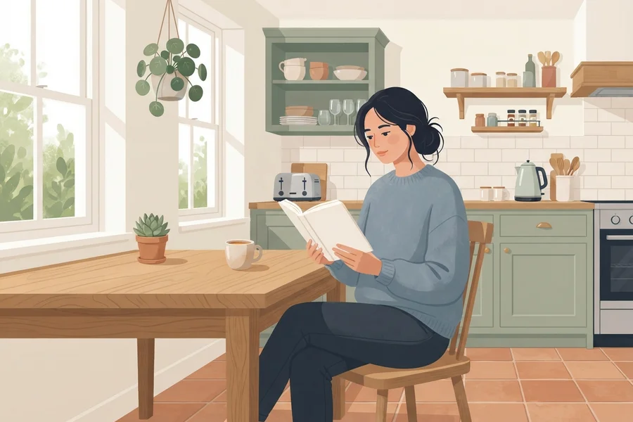 Una mujer lee tranquilamente un libro sentada a la mesa de una cocina luminosa.