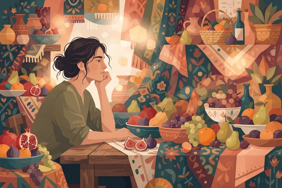 A woman resting her chin on her hand at a table crowded with brightly colored fruit, patterned fabric, and dishes.
