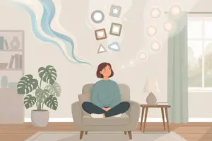 Illustration of a woman sitting cross-legged in an armchair, with small framed pictures and glowing orbs rising above her head in a cozy living room.