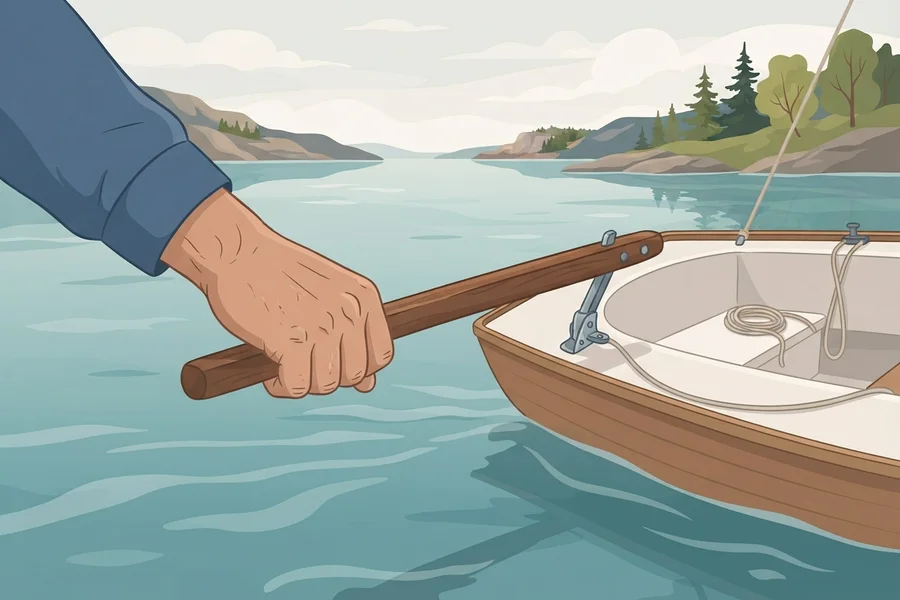 A hand gripping the tiller of a small rowboat on calm water.