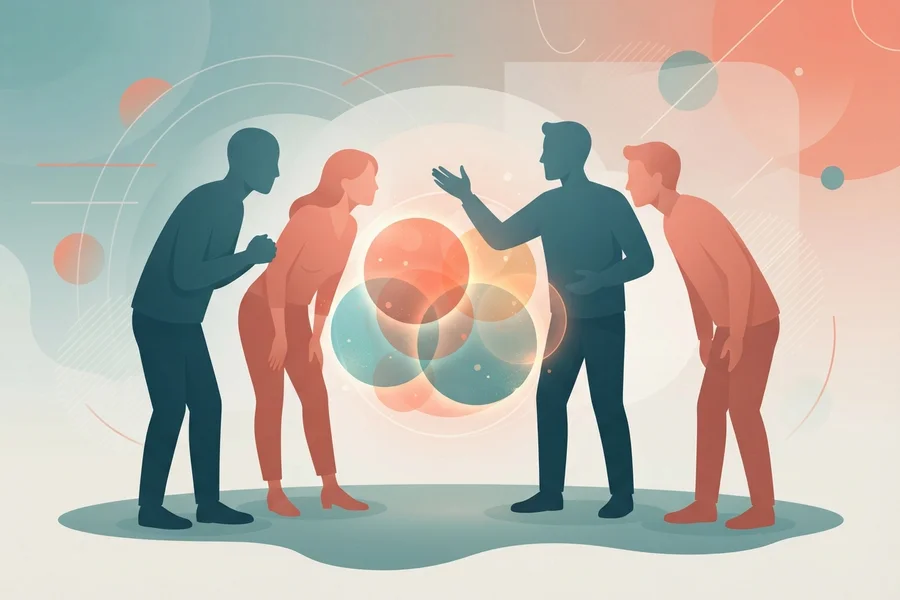 Cuatro personas conversando en grupo alrededor de un conjunto de círculos de colores superpuestos y luminosos.