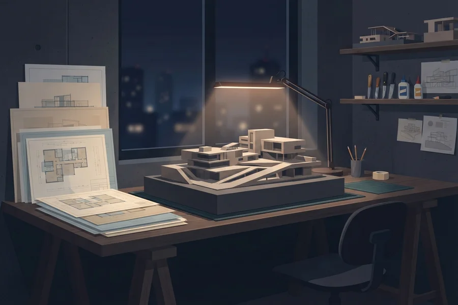 Una maqueta de arquitectura sobre una mesa de trabajo iluminada por un flexo, con planos apoyados al lado y la ciudad de noche al fondo.